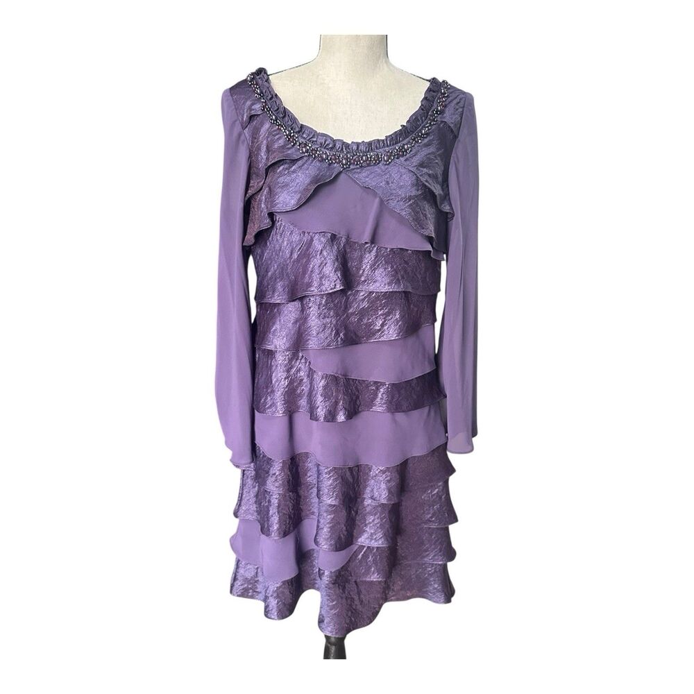 S.L. Fashions Purple Tiered Ruffle Dress Beaded Neckline Long Sleeve Party 10